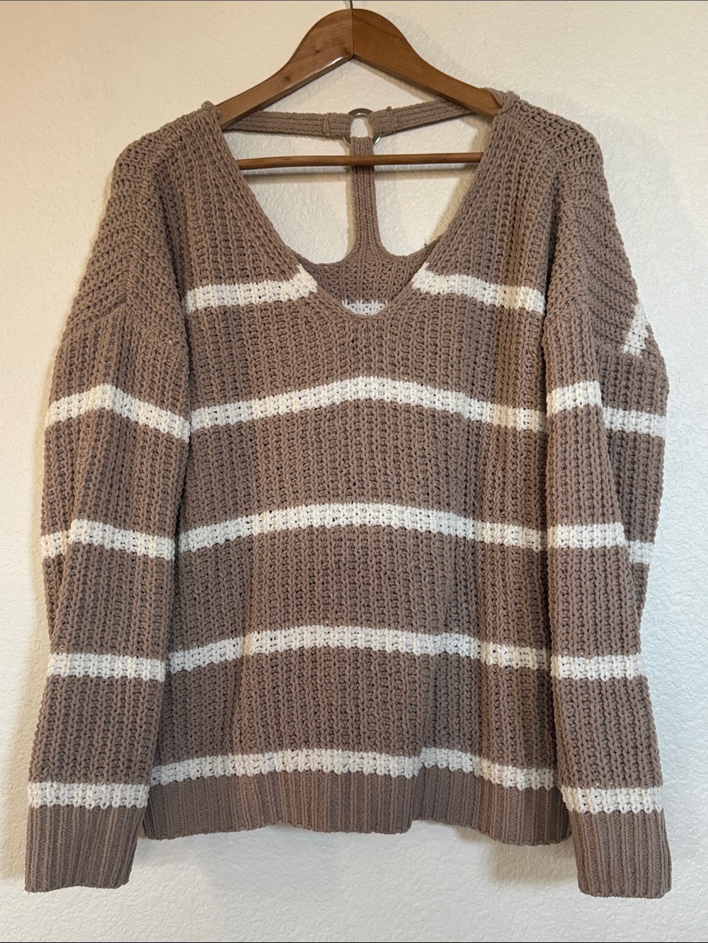 Cozy Taupe and White Striped V‑Neck Sweater